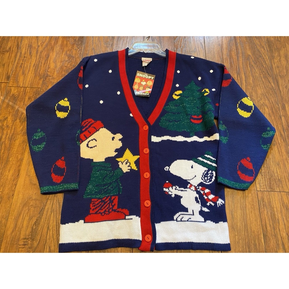 VTG Snoopy And Friends Cardigan Sweater Buttons Peanuts Christmas Medium USA
